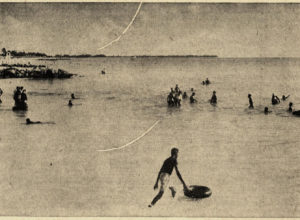 Clipping from the Sarasota Herald Tribune, October 10, 1955. A group of African Americans swim at the whites-only Lido Beach, Sarasota. Photo courtesy of Sarasota County Historical Resources.