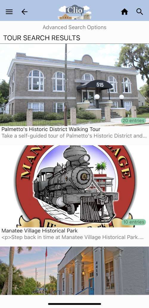 Clio Palmetto's Historic District Walking Tour search results screenshot