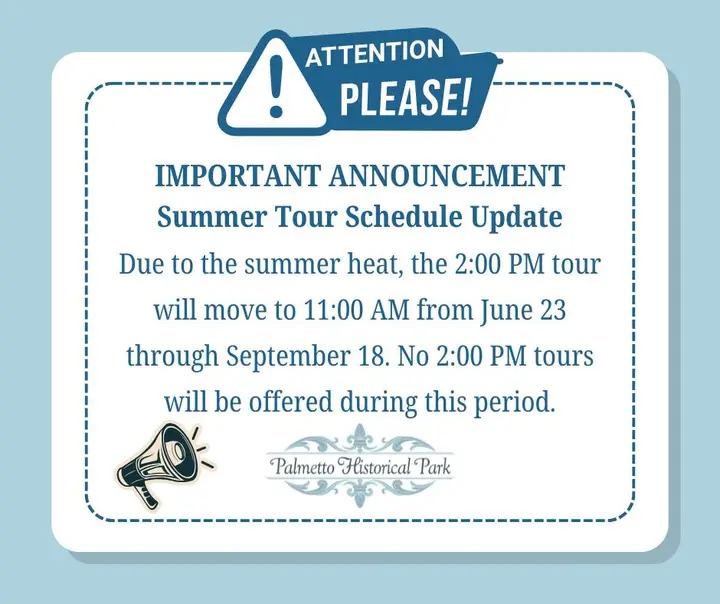 Attention please! Due to summer heat, our daily tours have been moved from 2pm to 11am, from now through September 18, 2026.